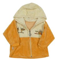 Oranžovo-smetanová sametová propínací mikina s vosičkami a kapucí