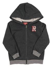 Tmavošedá melírovaná propínací mikina s písmenkem a pruhy a kapucí POCOPIANO