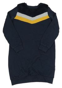 Tmavomodro-hořčicovo-šedé teplákovo/huňaté šaty jbc