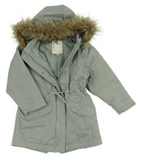 Světlekhaki riflová zimní parka s nápisem a kapucí s kožešinou Vertbaudet