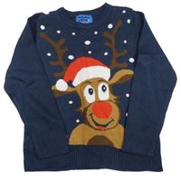 Tmavomodrý pletený vánoční svetr se sobem COLORS&BLUE