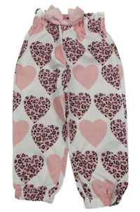 Bílo-světlerůžové paper bag lehké kalhoty se srdíčky a mašlí