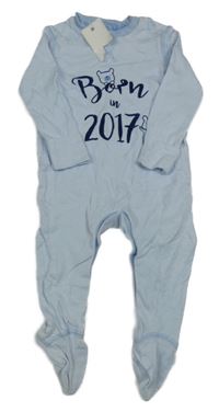 Nové - svěatlemodro-bílý pruhovaný overal s nápisy a medvídky F&F