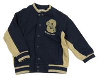 Tmavomodro-béžová baseballová mikina s písmenkem a nápisy