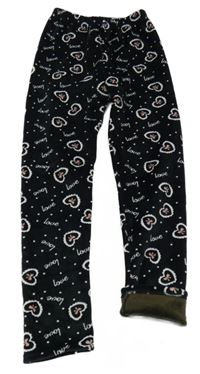 Černé puntíkaté plyšové zateplené legíny se srdíčky s mašličkami