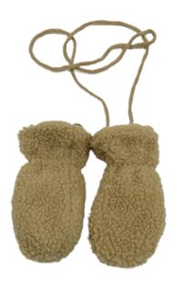 Béžové huňaté rukavice šňůrkou 