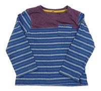 Cobaltově modro-šedo-švestkové pruhované vzorované triko s kapsou