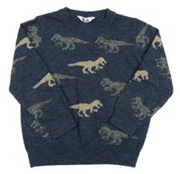 Tmavomodrý melírovaný svetr s dinosaury M&Co