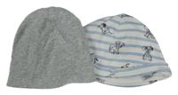 2x - Čepice - Šedá melírovaná H&M, bílo/modrá pruhovaná s dalmatinky Disney