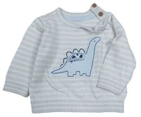 Světlešedo-bílý pruhovaný svetr s dinosaurem Mothercare