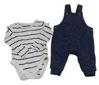 2set - Tmavomodré melírované laclové tepláky + šedo-černé pruhované body F&F