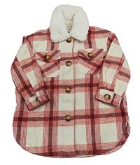 Krémovo-vínovo-červená kostkovaná vlněná košilová bunda Primark