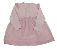 Růžové bavlněno/tylové šaty s třpytkami a volánky C&A