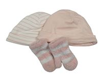 3set - Světlerůžová bavlněná čepice + pruhovaná + pruhované chlupaté palcové rukavice