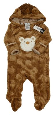 Nové - Hnědá chlupatá kombinéza s medvědy a kapucí MickMack