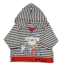 Bílo-černá pruhovaná lehká mikina se psem a kapucí