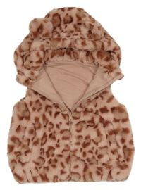 Starorůžová kožešinová podšitá vesta s leopardím vzorem a kapucí Nutmeg