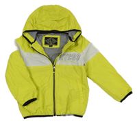 Žluto-bílá šusťáková jarní bunda s nápisem a kapucí C&A