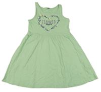 Zelené bavlněné šaty se srdcem z květin a nápisem