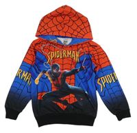 Červeno-tmavomodrá vzorovaná mikina se Spidermanem a kapucí 