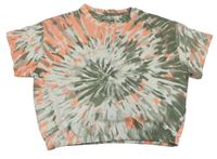 Khaki-oranžové batikované crop tričko 