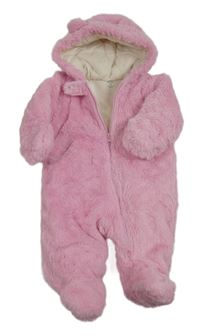 Růžová chlupatá zateplená kombinéza s kapucí 