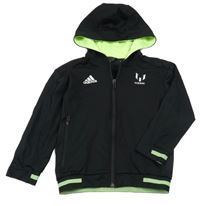 Černo-zelená sportovní funkční propínací mikina s logem a kapucí Adidas