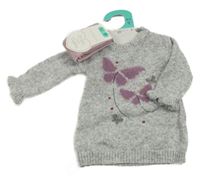 Nové - 2 set - šedé melírované svetrové šaty s motýlky + růžové punčocháče Primark