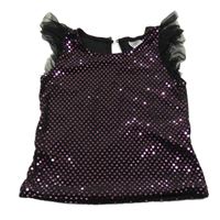 Černo-růžové flitrové tričko s tylovými volánky Pep&Co