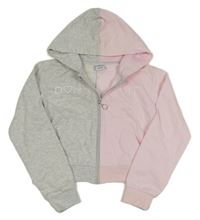 Šedo-růžová crop propínací mikina s nápisy a kapucí Page one young