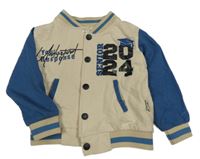 Béžovo-modrá baseballová mikina s nápisy 