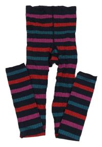 Tmavomodro-růžovo-petrolejovo-červené pruhované třpytivé punčocháčové legíny Tchibo