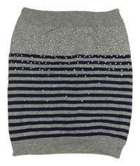 Šedo-tmavomodrá pletená pruhovaná zateplená třpytivá sukně 