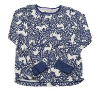 Tmavomdoro-bílé triko s květy a zvířaty Tu