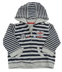 Šedo-tmavomodrá pruhovaná propínací mikina s auty a kapucí George