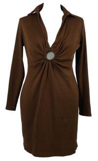 Dámské hnědé žebrované šaty s aplikací a límečkem New Look 