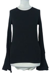 Dámské černé žebrované triko s rozšířenými rukávy Zara 