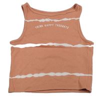 Růžový žebrovaný crop top s proužky a nápisem Primark