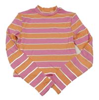 Růžovo-oranžovo-bílé pruhované žebrované crop triko se stojáčkem H&M
