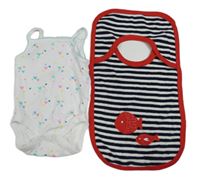 2set- bílé body se srdíčky+ pruhovaný bryndák s rybami 