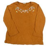 Hnědé triko s výšivkami květin ALANA