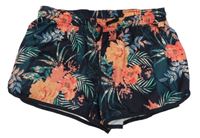 Tmavomodré šusŤákové kraťasy s květinami Decathlon