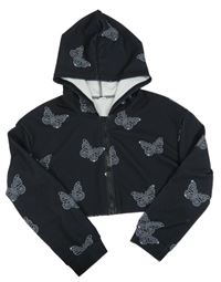 Černá crop propínací mikina s motýlky a kapucí Shein
