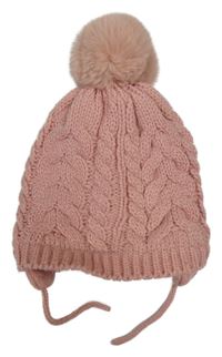 Růžová pletená podšitá čepice s bambulí Primark 