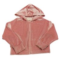 Růžová sametová propínací crop mikina s kapucí btween