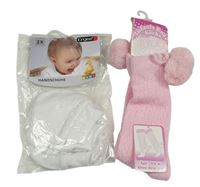 Nové - 4Set - 3x bílé rukavice + růžové podkolenky s bambulkami 