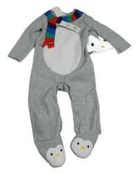 Nové - 2set - Šedý melírovaný fleecový overal - čepice - tučňák F&F