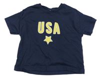 Tmavomodré crop tričko s nápisem Zara