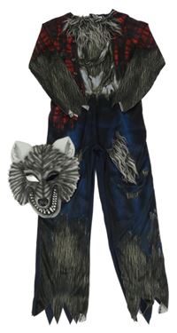 Kostým - 2set - Tmavomodro-červený overal s kožešinou + maska - vlkodlak