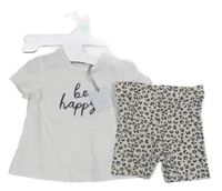 Nové - 2set - Smetanové tričko s nápisem + leopardí kraťasy Tu